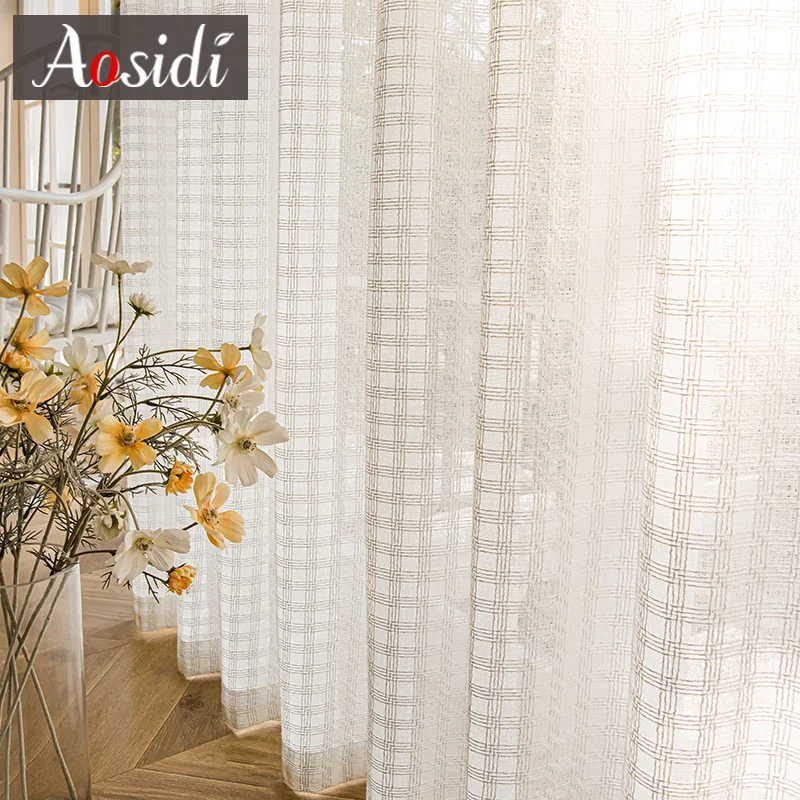 Plaid Linen Look Voilage Sheer Curtains for Living Room Window Tulle Curtain Bed Blinds Gauze Door Cortinas Home Decor Shading