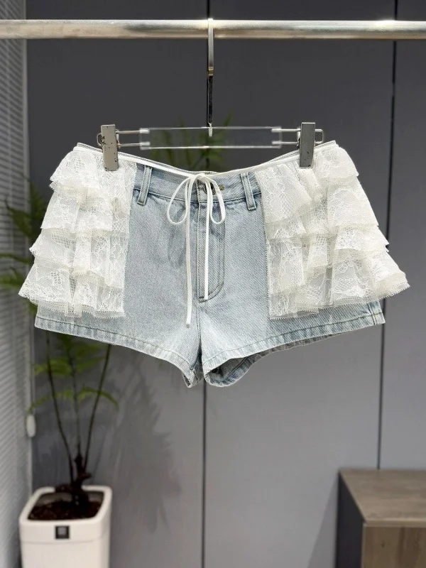 

American Style Spicy Girl Sweet Cool Lace Splice Denim Shorts Women's Fashion Match Hot Pants High Waist Cotton Blend