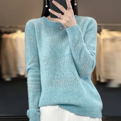 Women 100% Pure Merino Wool Sweater Round Collar Diamond Square Hollow Pullover Spring Autumn Basis Casual Warm Knitting Top
