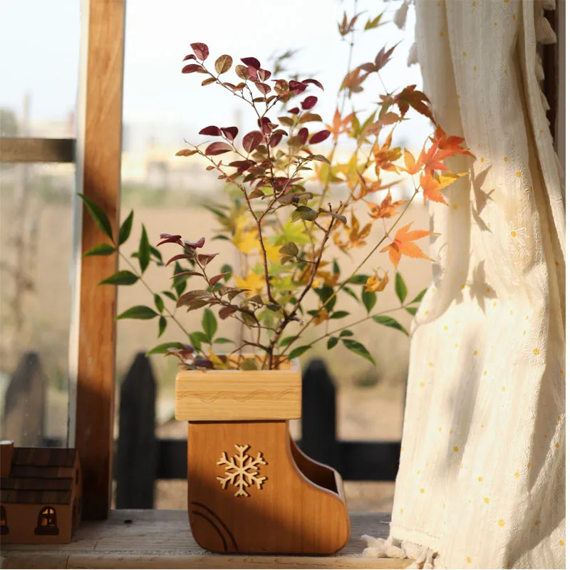 Nordic Wooden Christmas Stockings Shape Glass Vase Living Room Bedroom Flower Arrangement Container Christmas Gifts Decoration