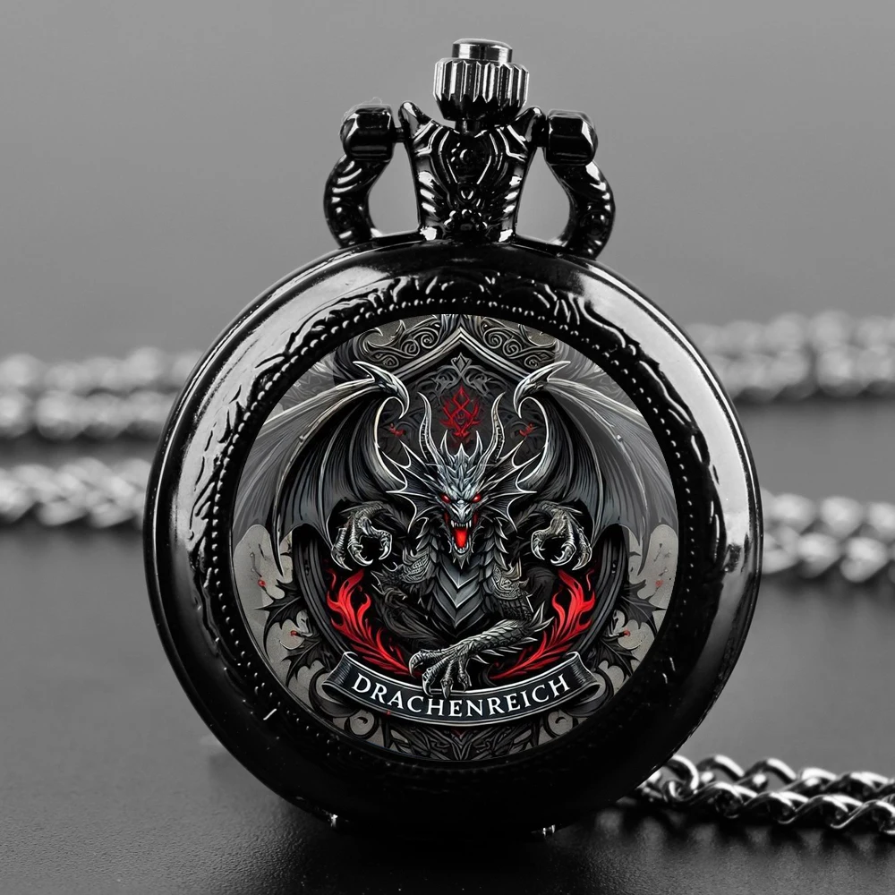 Creative Cool Wolf Dragon  Design Quartz Pocket Watch Necklace Pendant Ideal Gift for Men & Women and Kids Pendant Birthday Gift