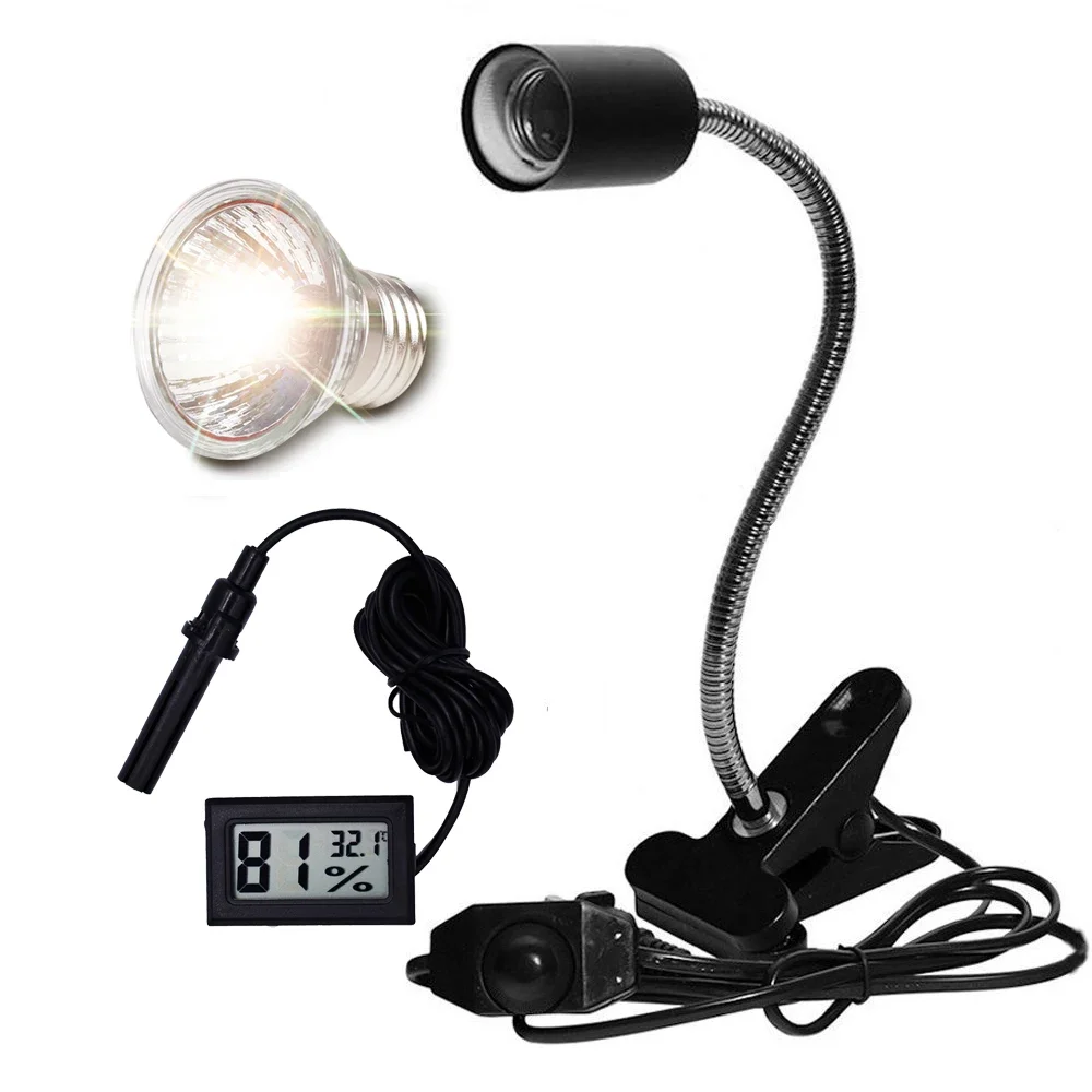 UVA+UVB 3.0 Reptile lamp Set with Clip-on Bulb Lamp Holder and Thermometer Hygrometer Turtle Tortoises Basking Heating Lamp Kit