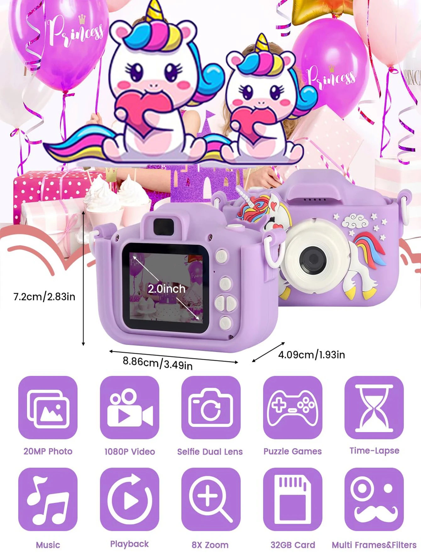 Digital Kids Cameras Mini Photography Cartoon Camera Toys with 32G SD Card Silicone Cases Toys for Christmas Birthday Gifts