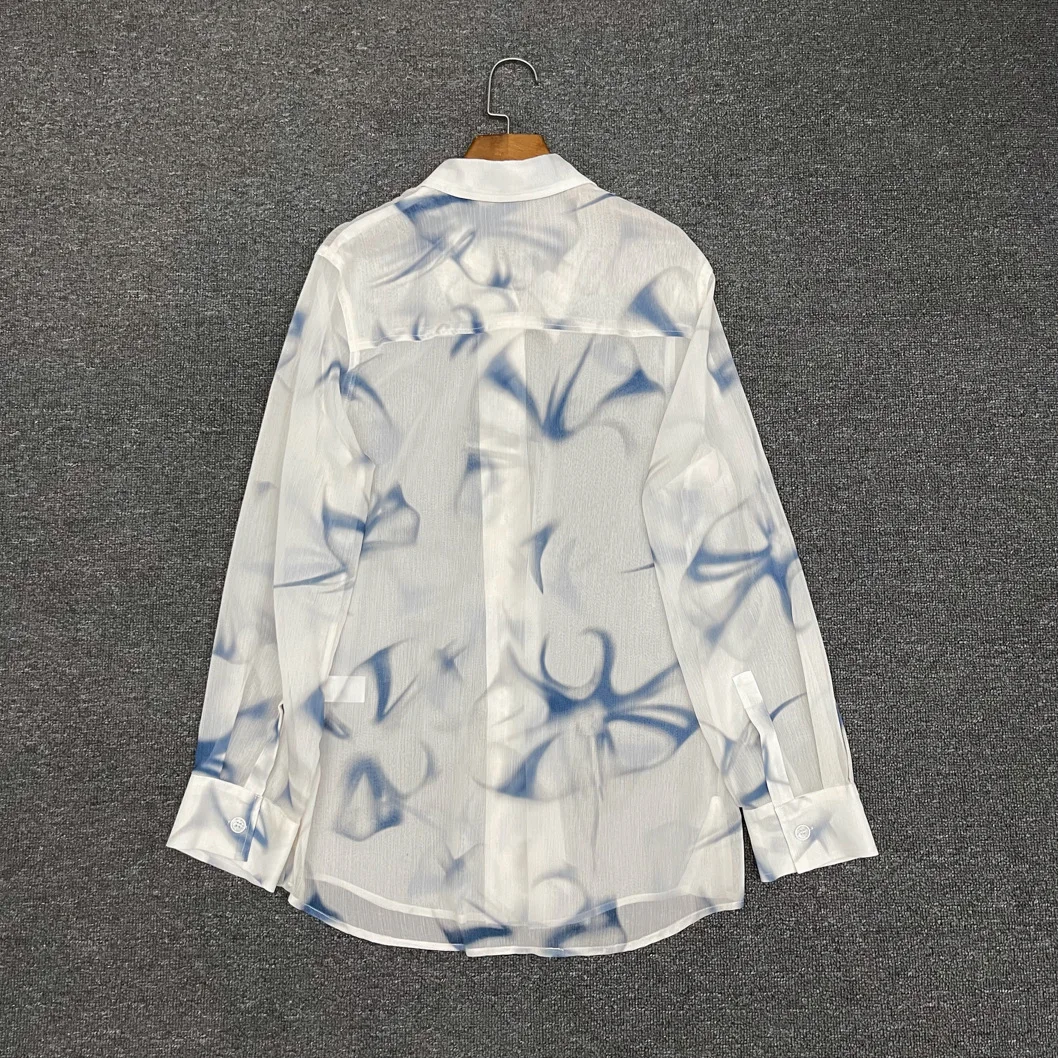 Jenny&Dave French Fashion Ladies Translucent Chiffon Shirt Commuter Casual Tops Elegant Vintage Printing Summer Shirt Women