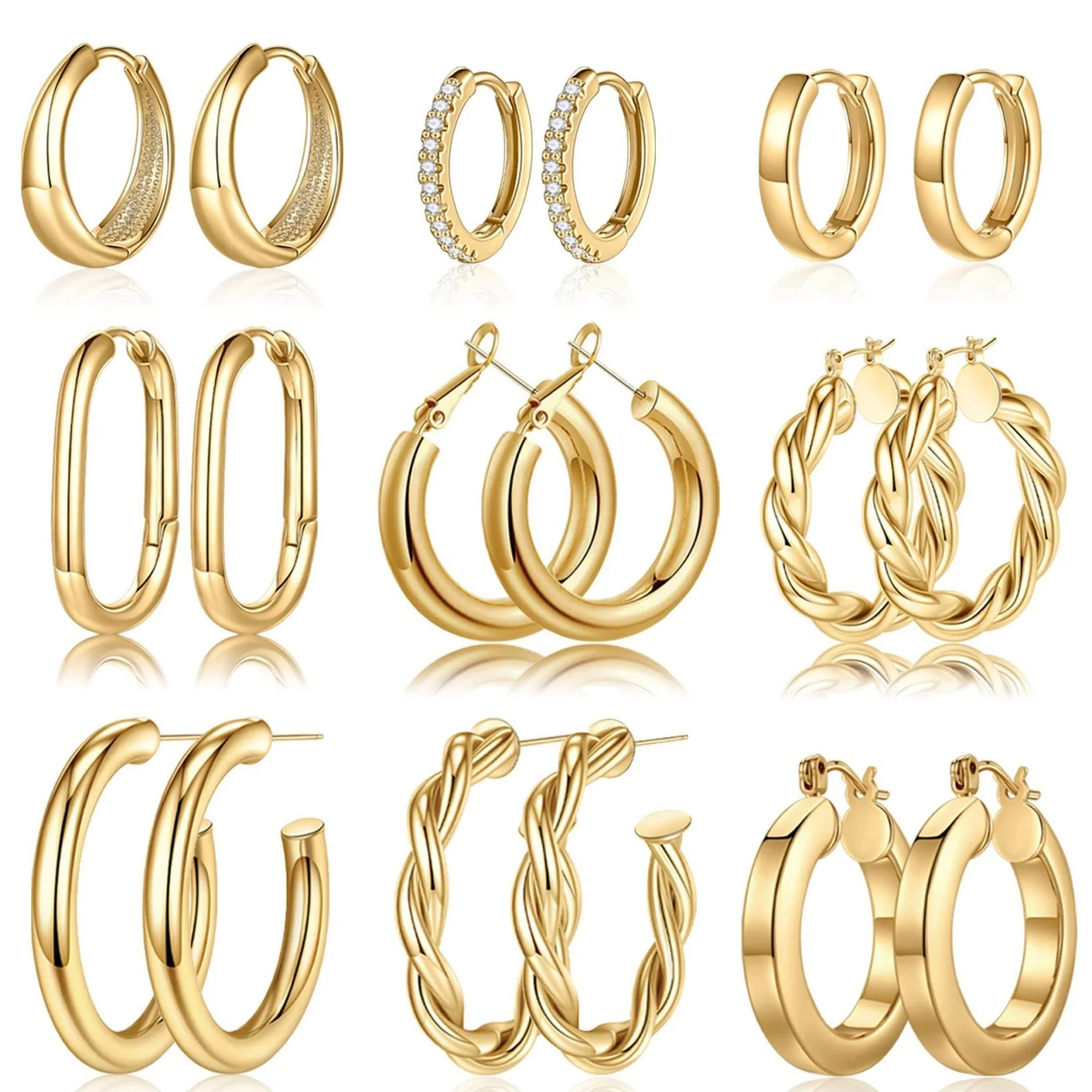 9Pairs/Set Simple Stylish Brass Hoop Earrings Set Multicolor Round Oval Shaped Statement Earrings Set For Women Party Jewelry