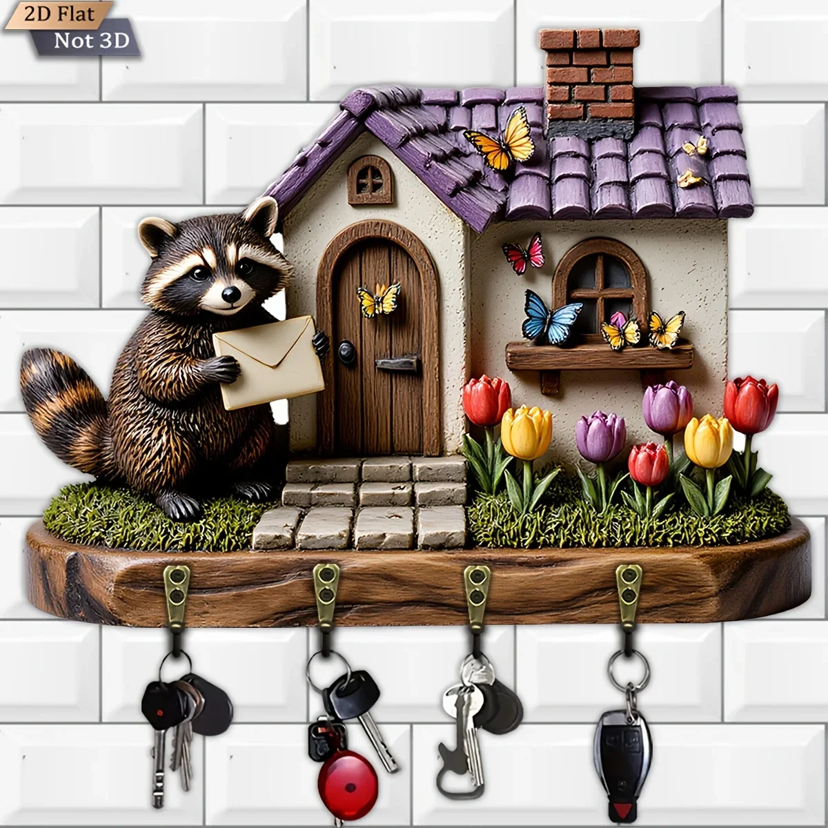 2D Flat, 1pc, Raccoon Cottage Theme Style Key Hook, Wooden Multifunctional Home Key Hanger, with four metal hooks, wall