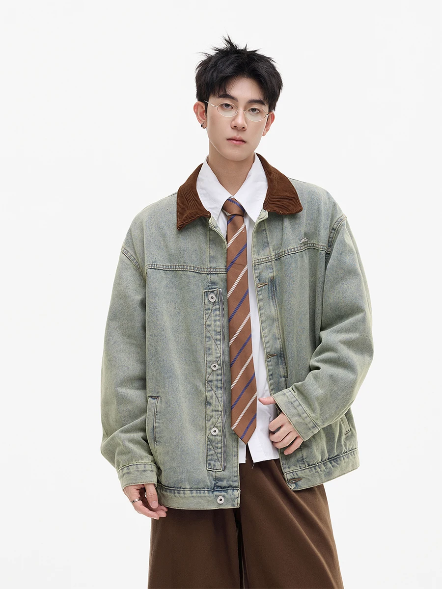 

Мужская джинсовая куртка Detroit Workwear: модная, с цветными вставками на воротнике, в стиле High Street, американский ретро-стиль, с эффектом потертости, для весны и осени