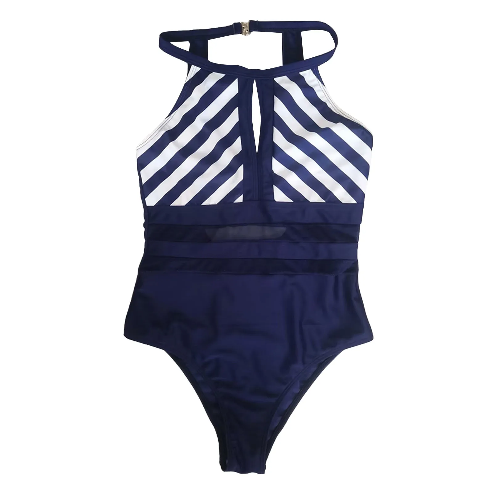 Backless One-piece Swimsuit Women Vintage Mesh Splicing Swimming Bodysuit Sports Swimwear Summer Beach Bathing Suits