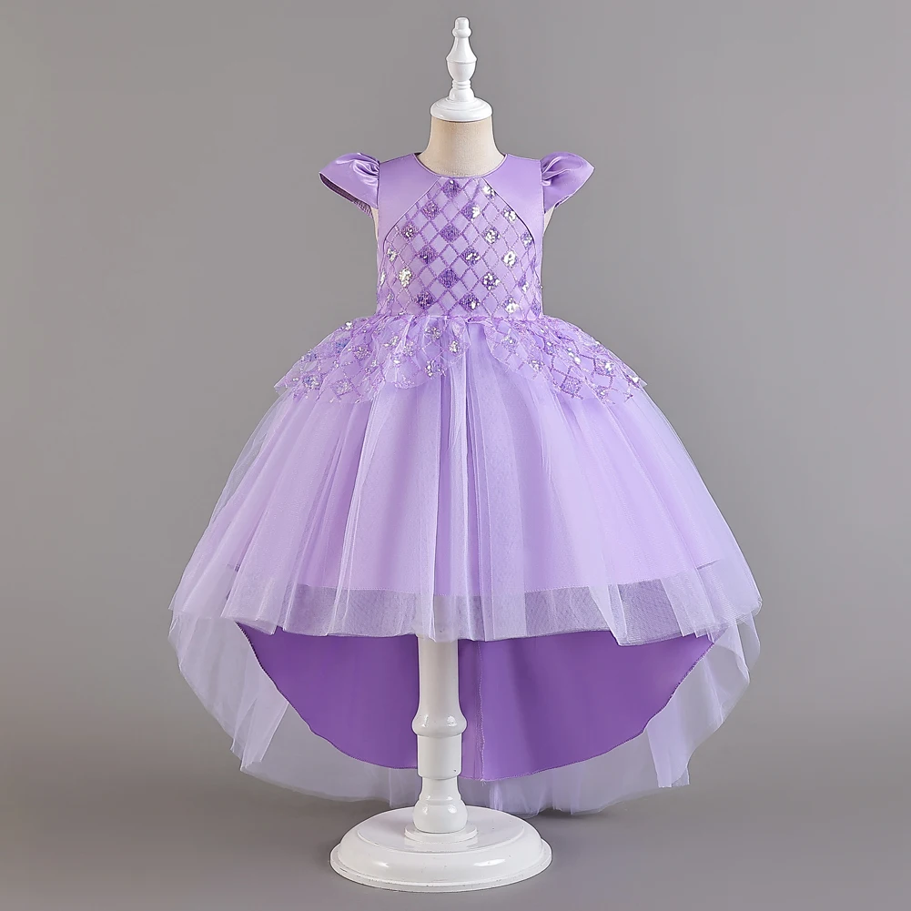 Purple Girl Child Day holiday performance dress, fluffy skirt, mesh princess style drag dress, sequin birthday party wear