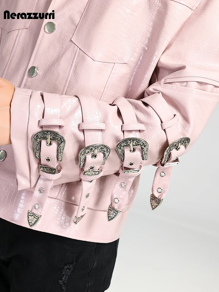 

Nerazzurri Autumn Winter Oversized Pink Crocodile Print Patent Pu Leather Jacket Men with Many Blets Runway European Fashion