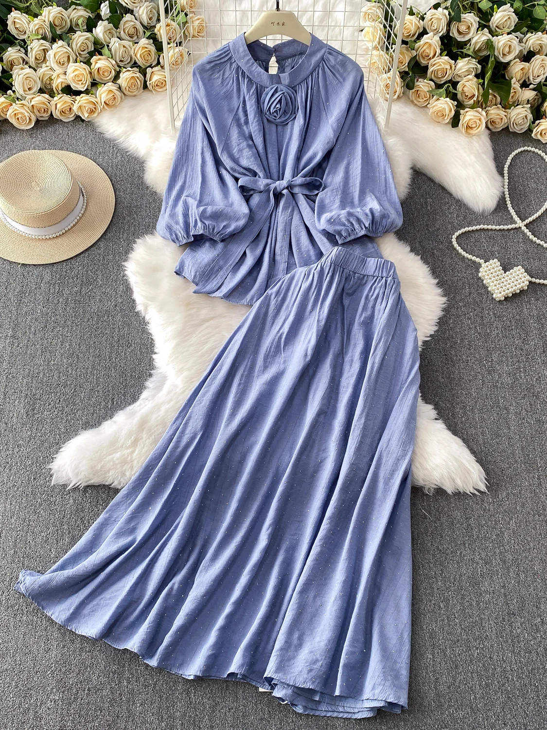 SuperAen الوردي ثلاثي الأبعاد زهرة س الرقبة الخصر الماس الأعلى الصيف عالية الخصر ألف خط تنورة طويلة قطعتين مجموعات