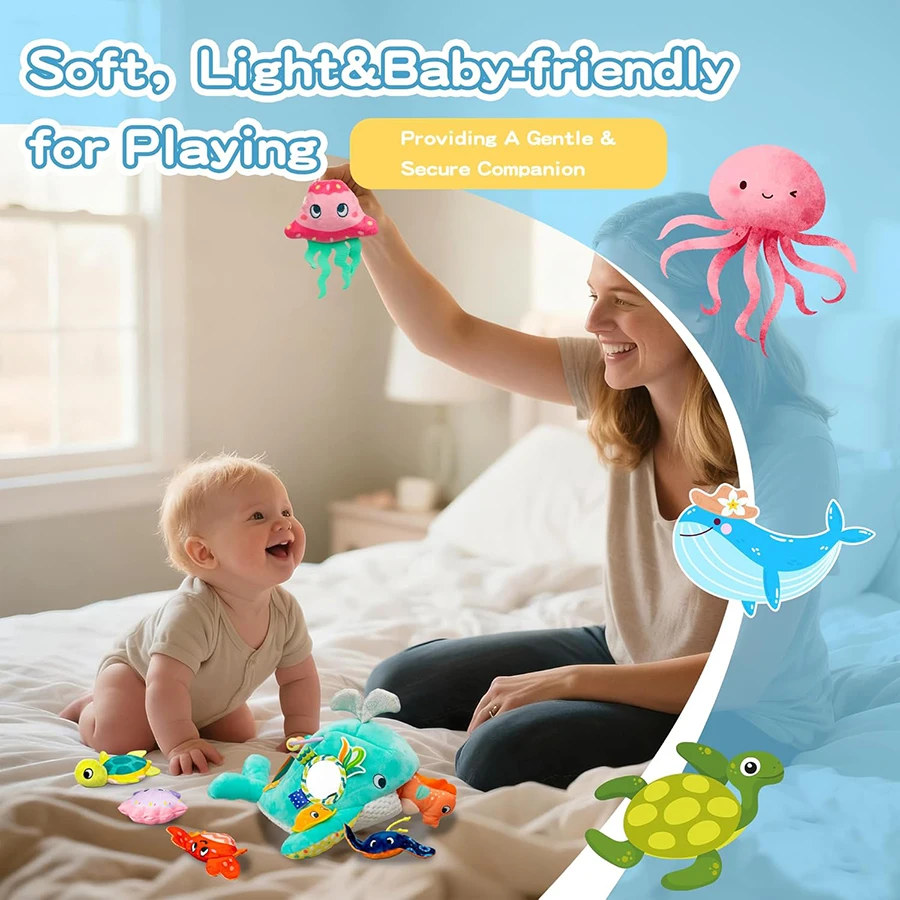 Brinquedos do bebê baleia oceano amigos conjunto de pelúcia montessori brinquedos sensoriais para bebês recém-nascidos com chocalho espelho, crinkle squeaker