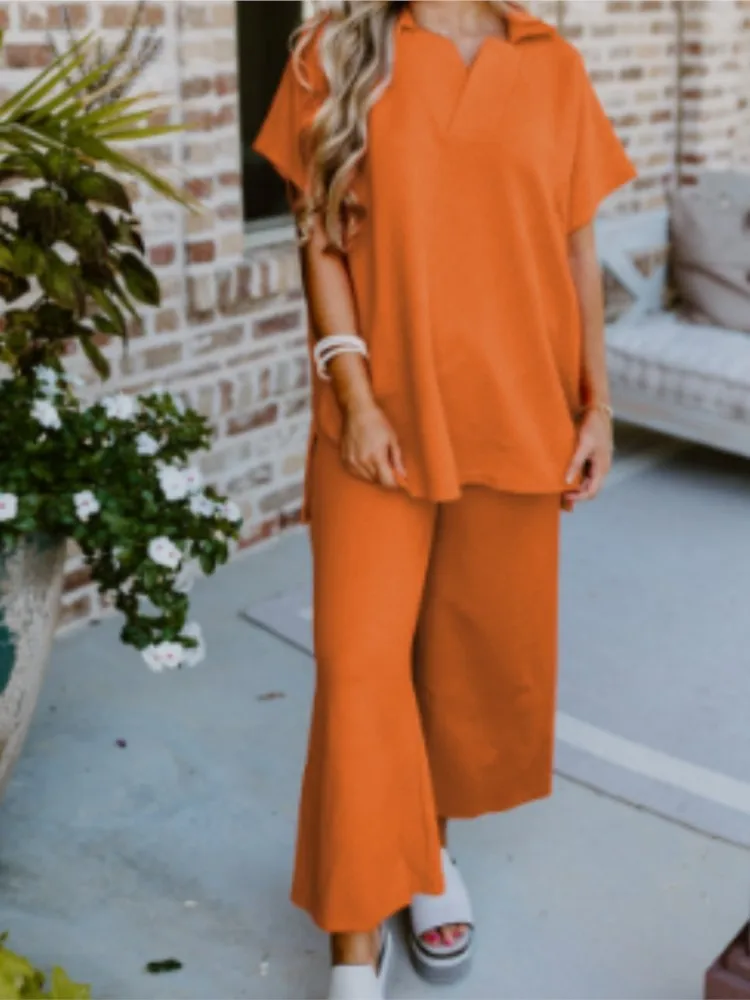 

Women Casual Loose Set V Neck Short Sleeve Pullover Top Pockets Wide Leg Pants Two Piece Sets Lady Summer Casual Womens Clothing