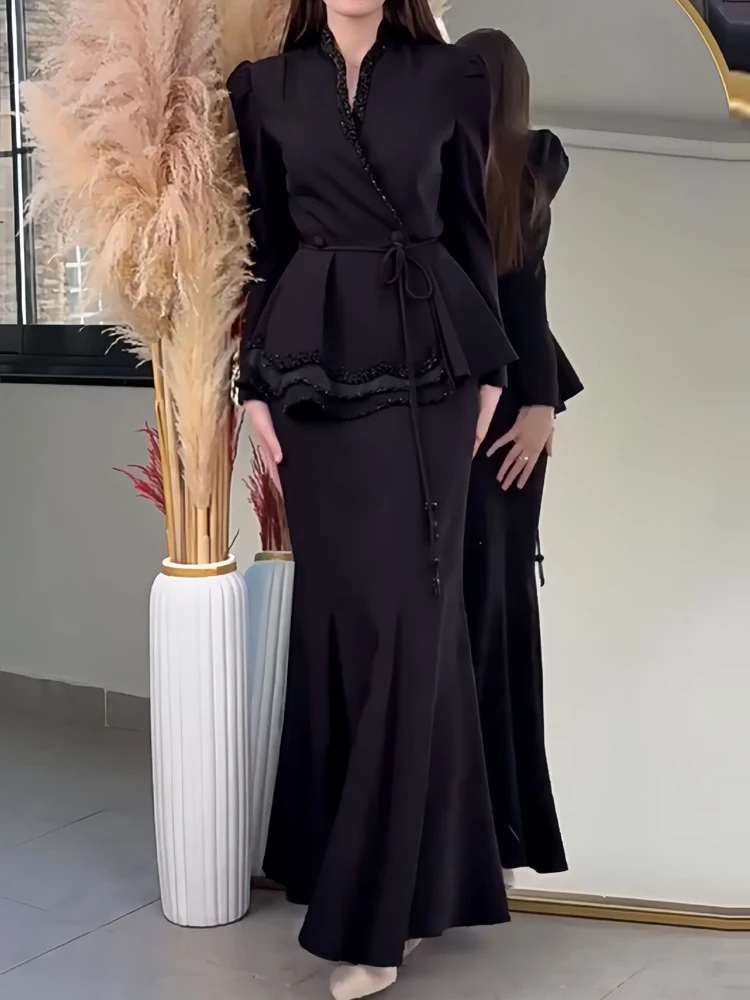 Women's Casual Party Outfit Fashion O-neck Long Sleeved Lace Up Coat 2 Piece Set Autumn New Office High Waisted Hafl Skirt Suit