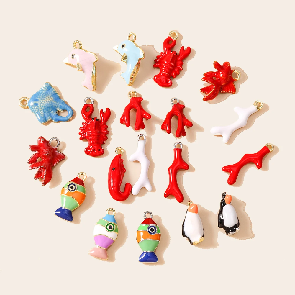 5 Stück Emaille-Anhänger mit Meeresorganismen-Motiven: Fisch, Koralle, Pinguin, Goldfisch, Hummer. Anhänger für DIY-Schmuckherstellung und Zubehör.