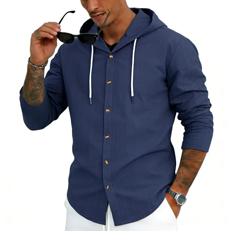 

Men's Striped Hooded Shirt Long Sleeve Button Down Casual Linen Blend Hoodie Shirt for Daily Wear