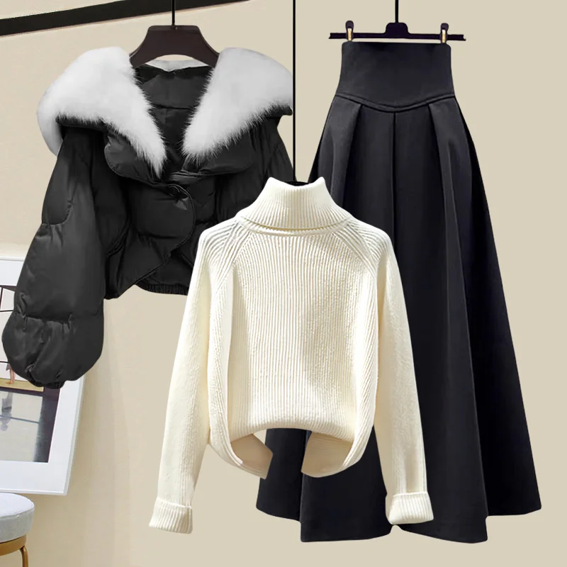 

Winter Thiened Fce Women's Cotton Jaet Knitted Sweater High Waist Skirt Set Korean Sle Loose Fit ort Coat