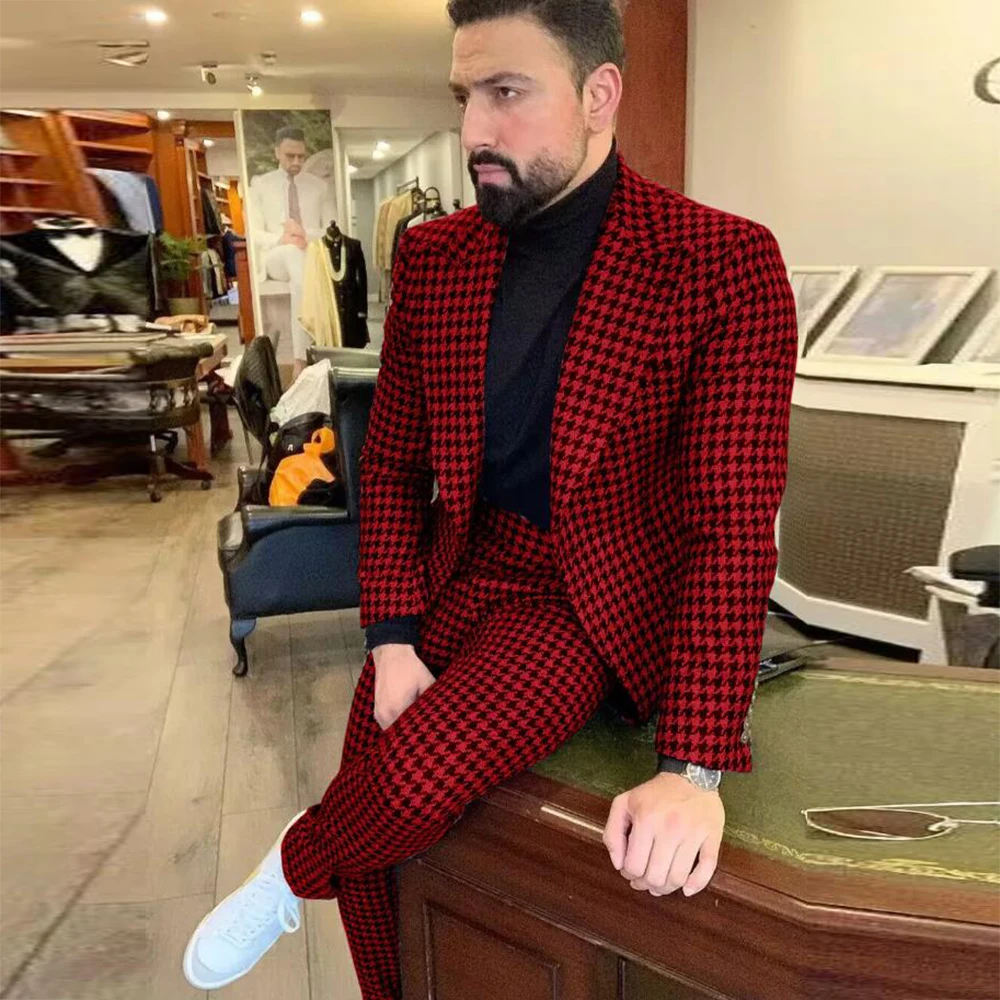 Man Red/Black Plaid Houndstooth Business Suits Slim Fit Single Breasted Jacket Pants 2 Pieces Groom Wedding Tuxedo Man Dress