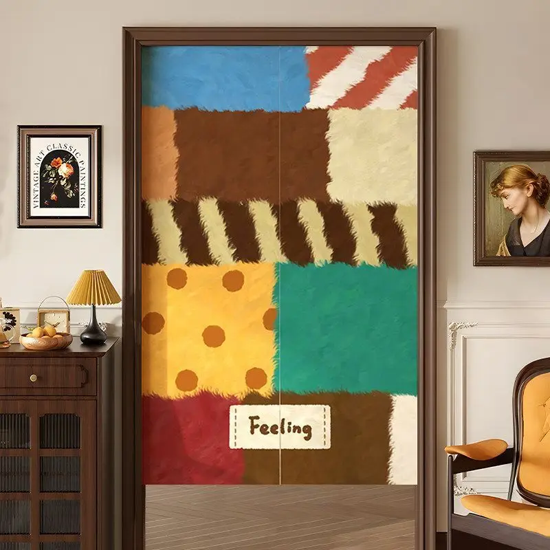 Oil Painting Style Colored Checkered Door Curtain Art, No Punching Entrance, Bedroom Privacy Partition Curtain