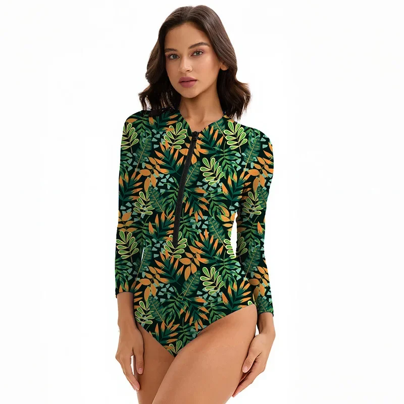 

Women’s Printed Long Sleeve One-Piece Surfing Swimsuit – Tight Fit Triangle Surfing Swimwear with Sun Protection Rash Guard