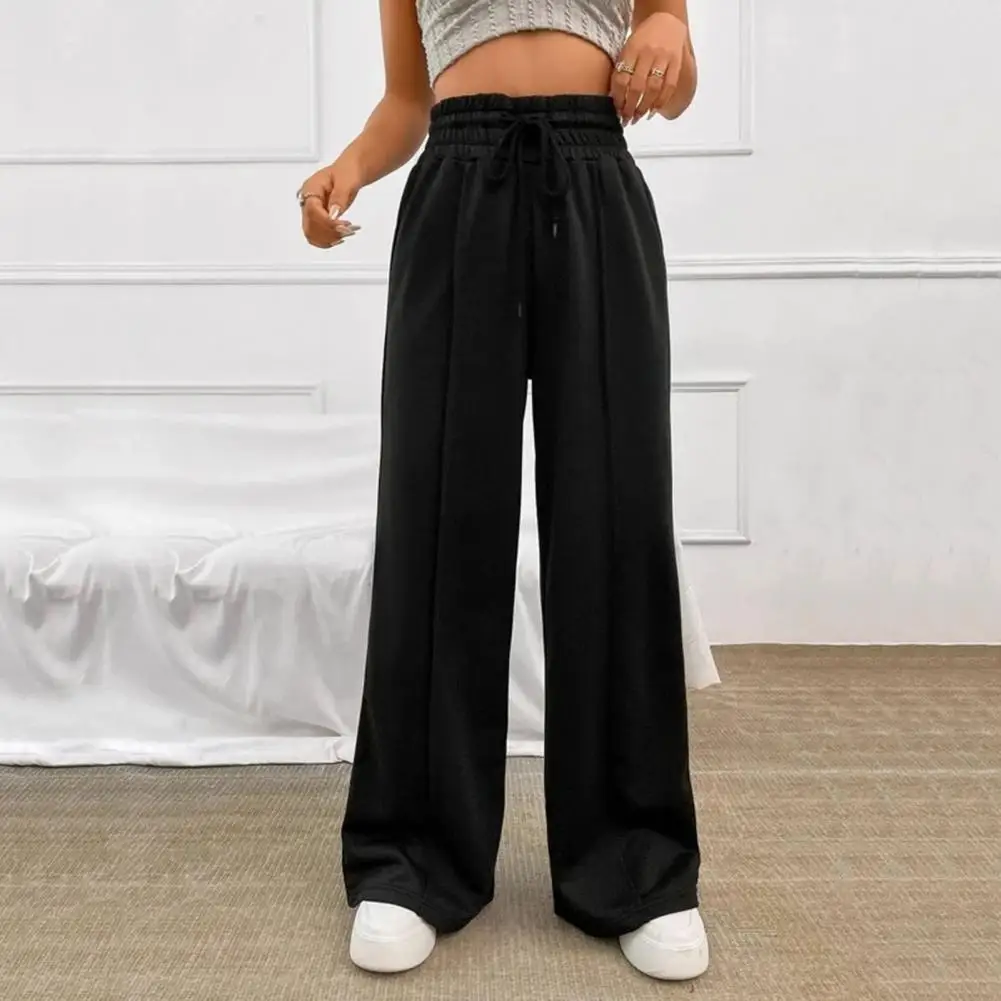 

Women Sport Pants Solid Color Elastic High Waist Drawstring Wide-leg Trousers Loose Fit Casual Long Trousers For Outdoor