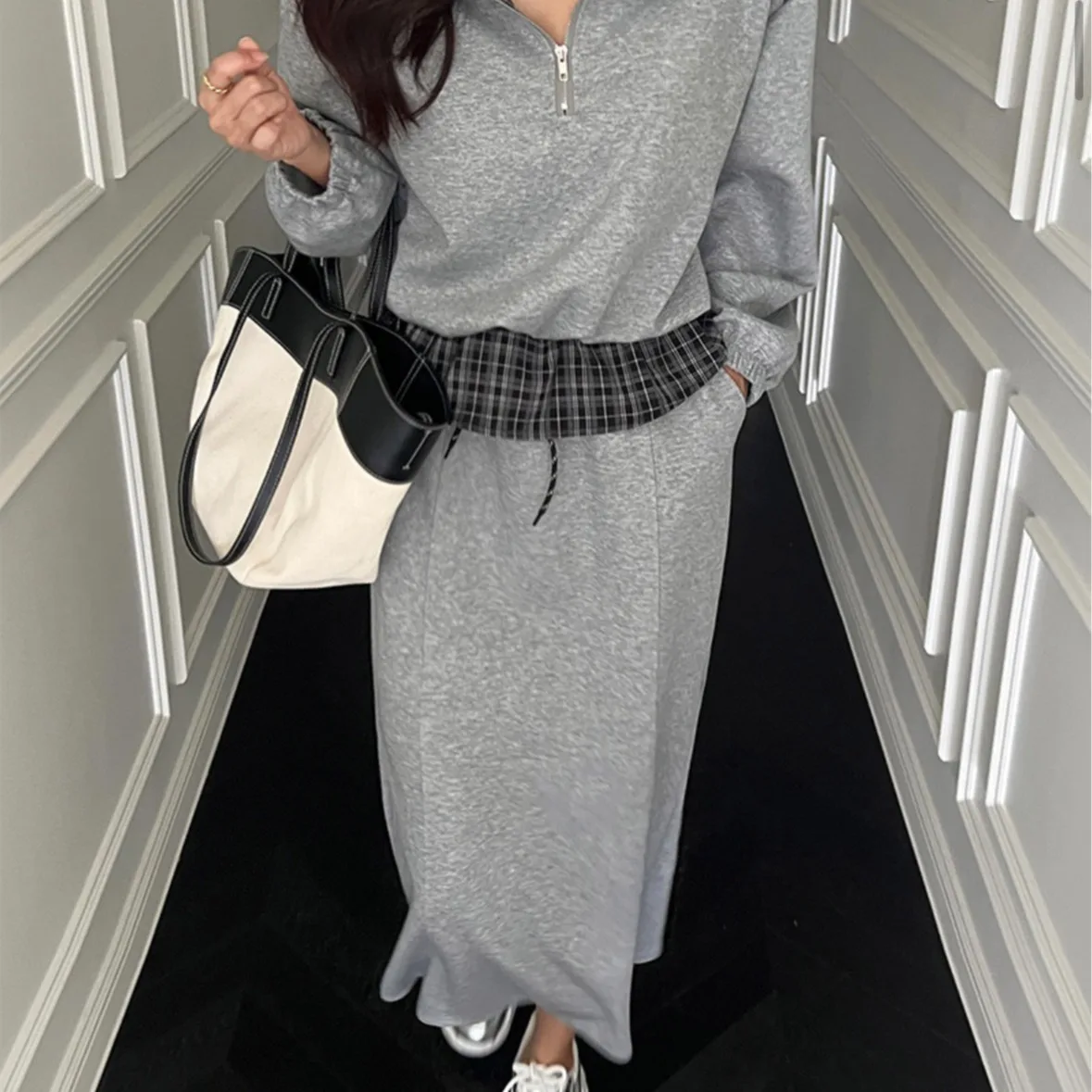 Korean Style Lazy Plaid Color Block Half Open Collar Sweatshirt High Waist Split  Skirt Casual Two-Piece Set for Women