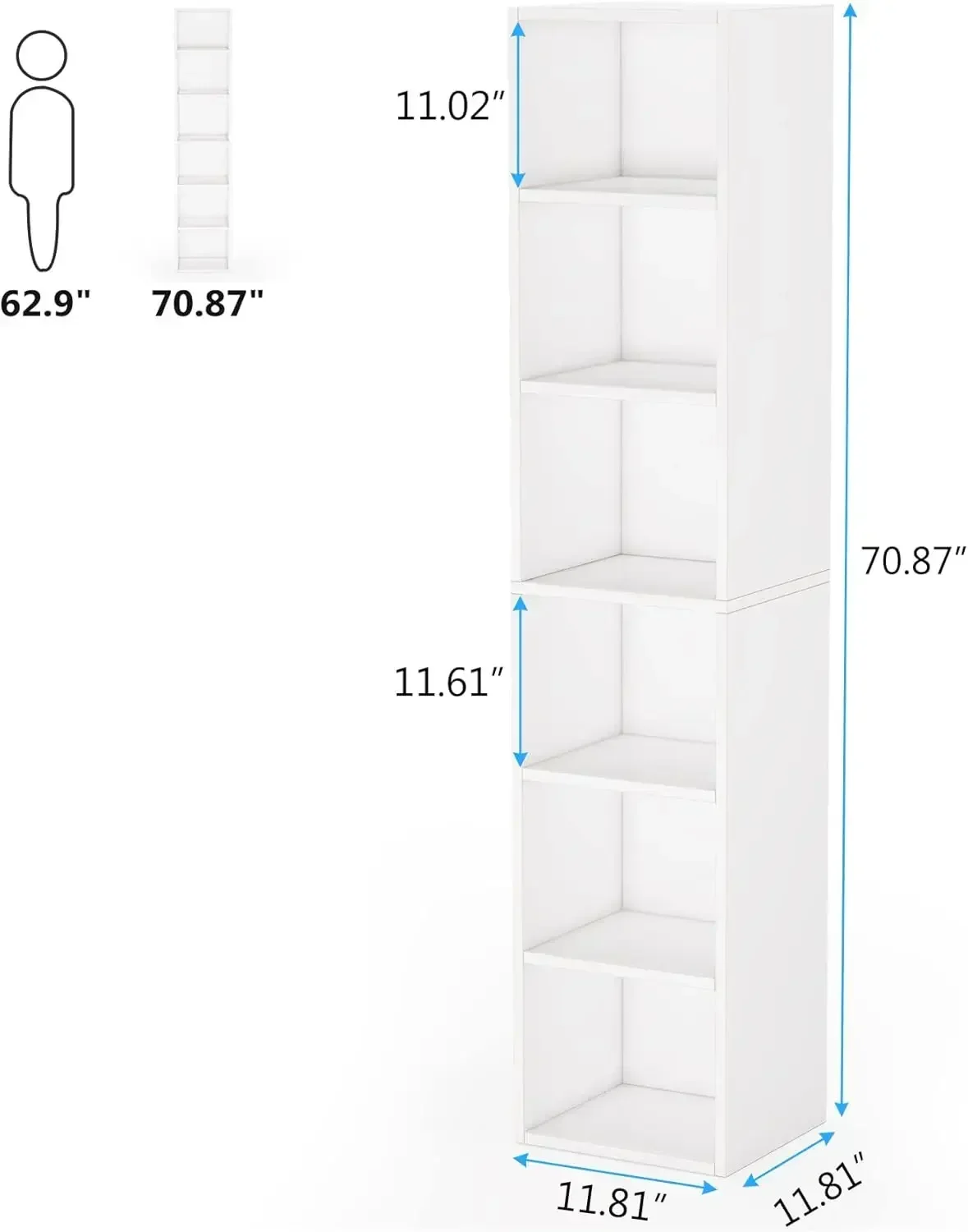 70.9 Inch Tall Narrow Bookcase, Modern White Corner Bookcase with Storage, 6 Tier Cube Display Shelves for Home Office