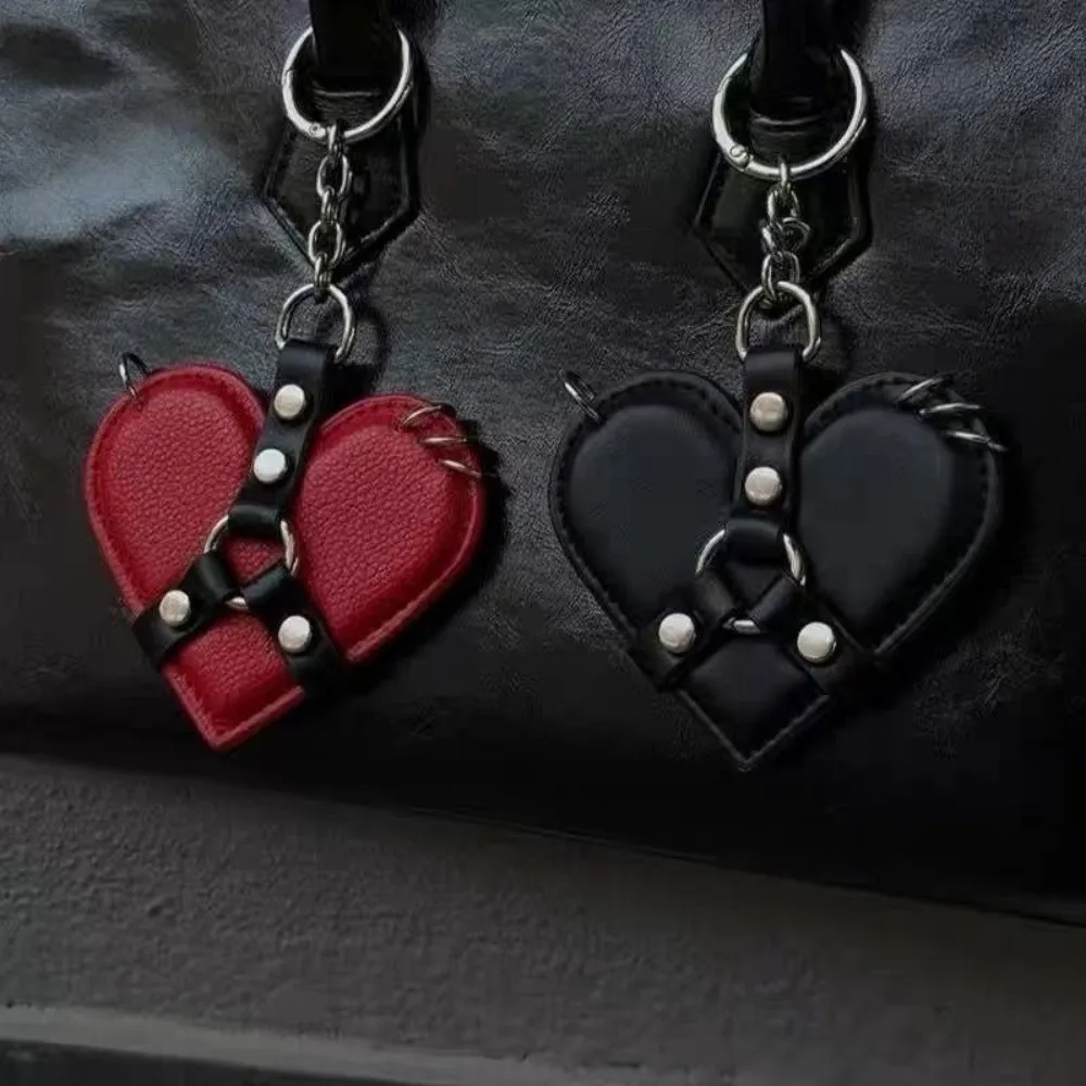 Creative Y2K Rivet Heart Bag Charm Punk Gothic Leather Heart Keychain Black Red Bag Pendant Backpack Decor view 3