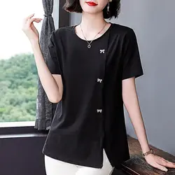 Irregular Loose T Shirts Summer New Split Hem Short Sleeve Solid Fashion Simplicity Basic Tops Vintage Casual Women Clothing