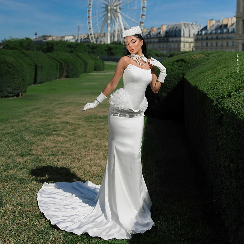 Eightree White Long Mermaid Wedding Dresses Strapless Sweep Train Flower Bridal Dress Elegant Wedding Ball Prom Gown Customized