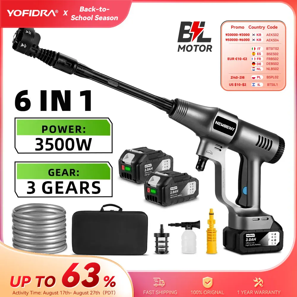 3500W 200Bar Brushless Electric High Pressure Washer Cordless Efficient Car Garden Cleaning Spray Gun For Makita 18V Battery Pin