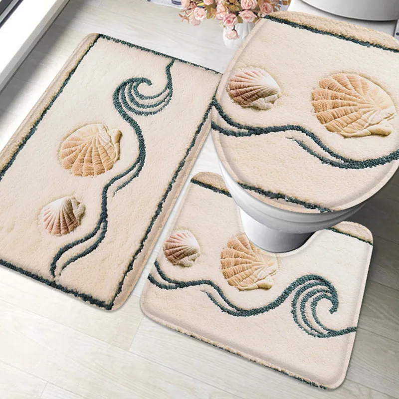 

Coastal View Bathroom Mat 3PCS, Non-Slip U-Shaped Flannel for Toilet Seat and Bathtub Area