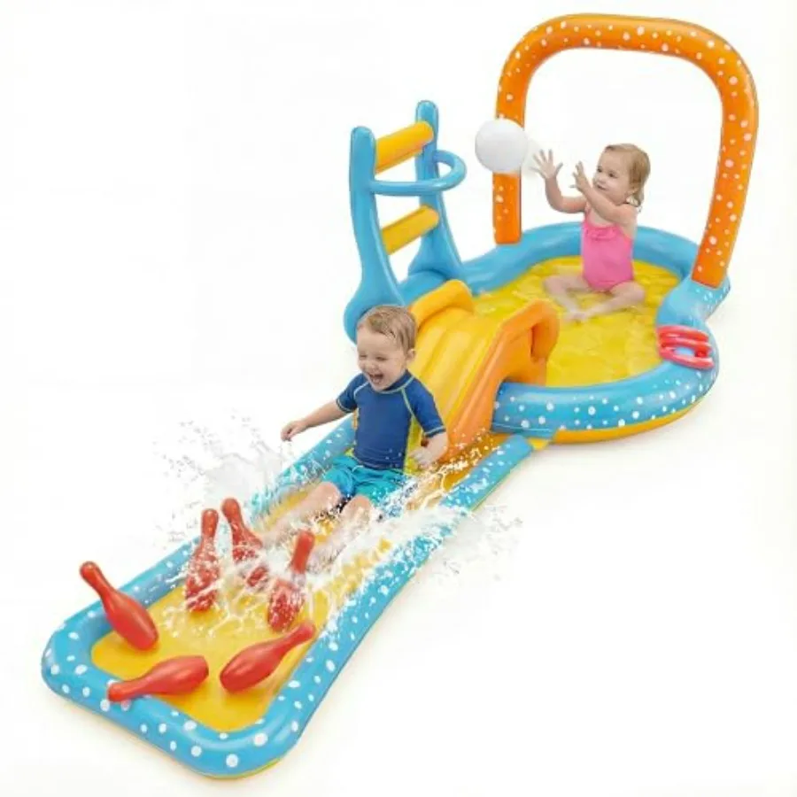 Inflatable Kiddie Pool with Slide for Backyard Use, PVC Blue Orange, Durable Summer Water Play Center with Splash Pool