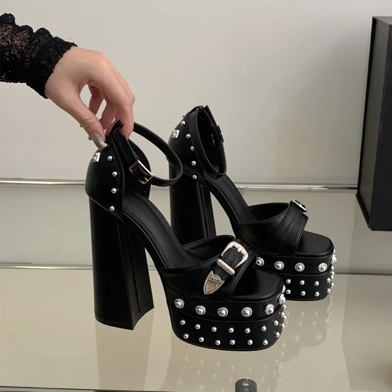 Personality Punk Rivet Cover Heel Platform Sandals Women Summer Buckle Peep Toe Thick High Heels Pumps Woman Ankle Strap Shoes view 3