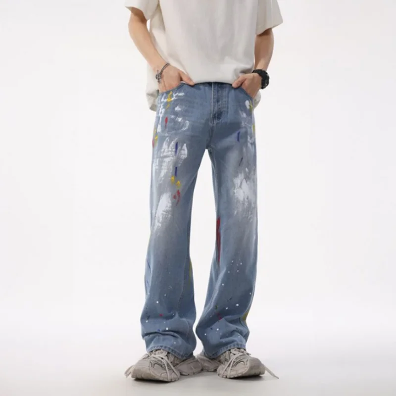 American Streetwear Paint Splatter Baggy Jeans Unisex Loose Wide Leg Denim Pants Men's and Women's Straight Fit