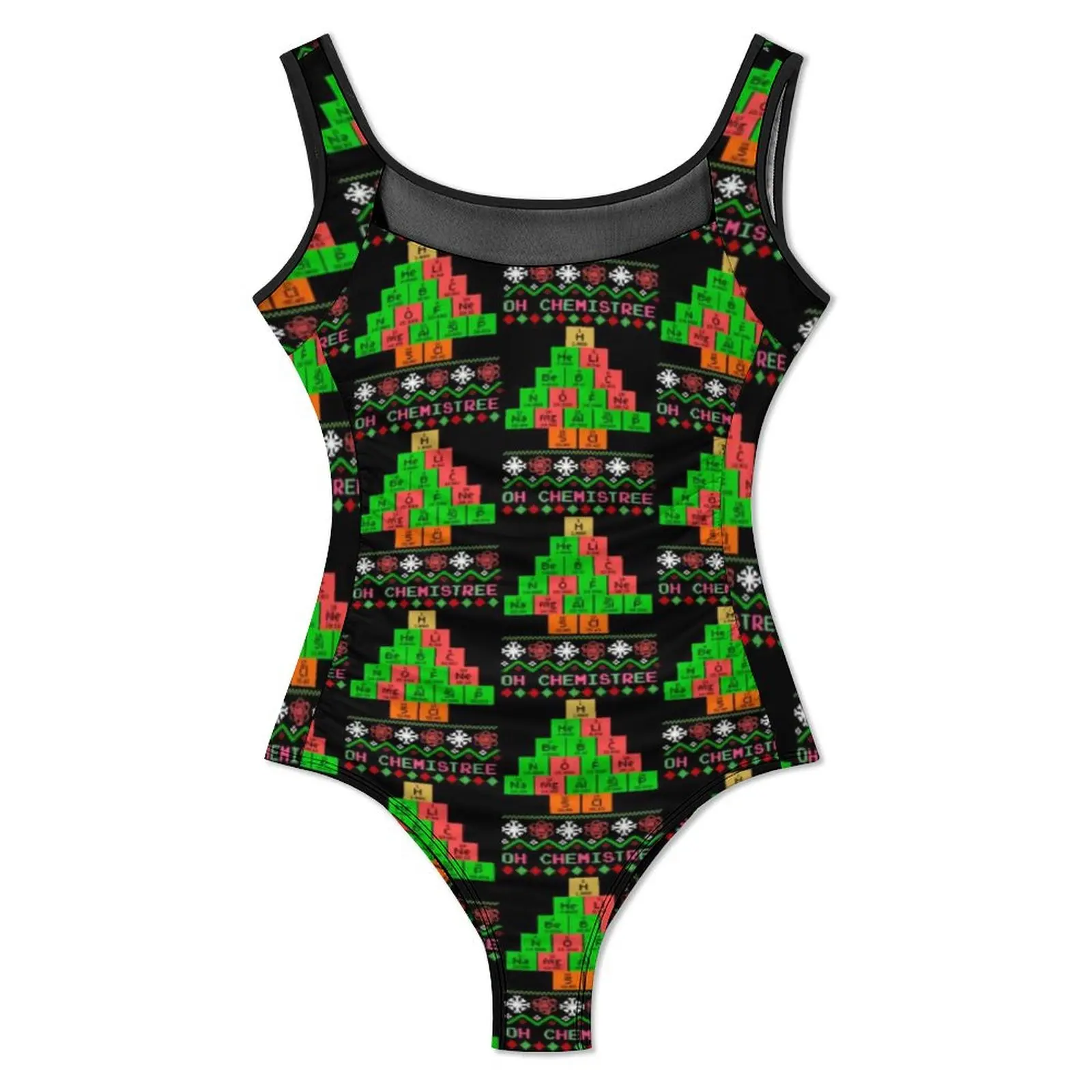 Abstract Christmas Tree Swimsuit Sexy Holiday Print One Piece Swimwear Push Up Swimsuits Retro Holiday Rave Bathing Suits