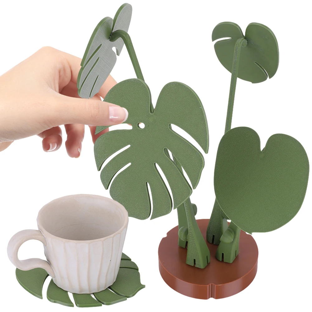 

Monstera Coaster Artificial Plant Cup Mat with Pot Green Leaf Drink Coasters 3D Printed Insulation Mat for Bowls Teapots
