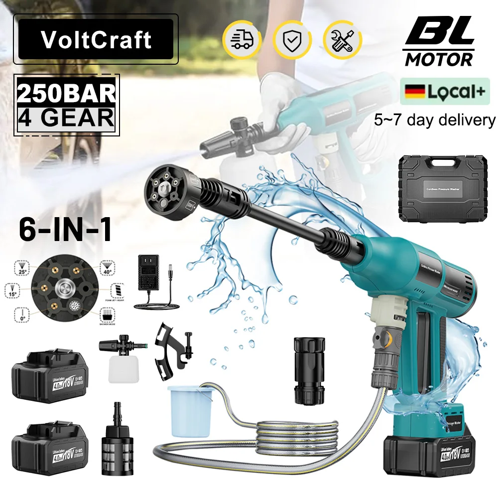 

250Bar Brushless Electric High Pressure Washer 6 IN1 Cordless 4 Gears Car Wash Water Gun Garden Spray Gun for Makita 18V Battery