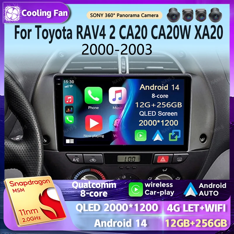 Android 14 For Toyota RAV4 2 CA20 CA20W XA20 2000-2003 2K QLED Stereo Car Radio Multimedia Video Player GPS AI Voice CarPlay 4G