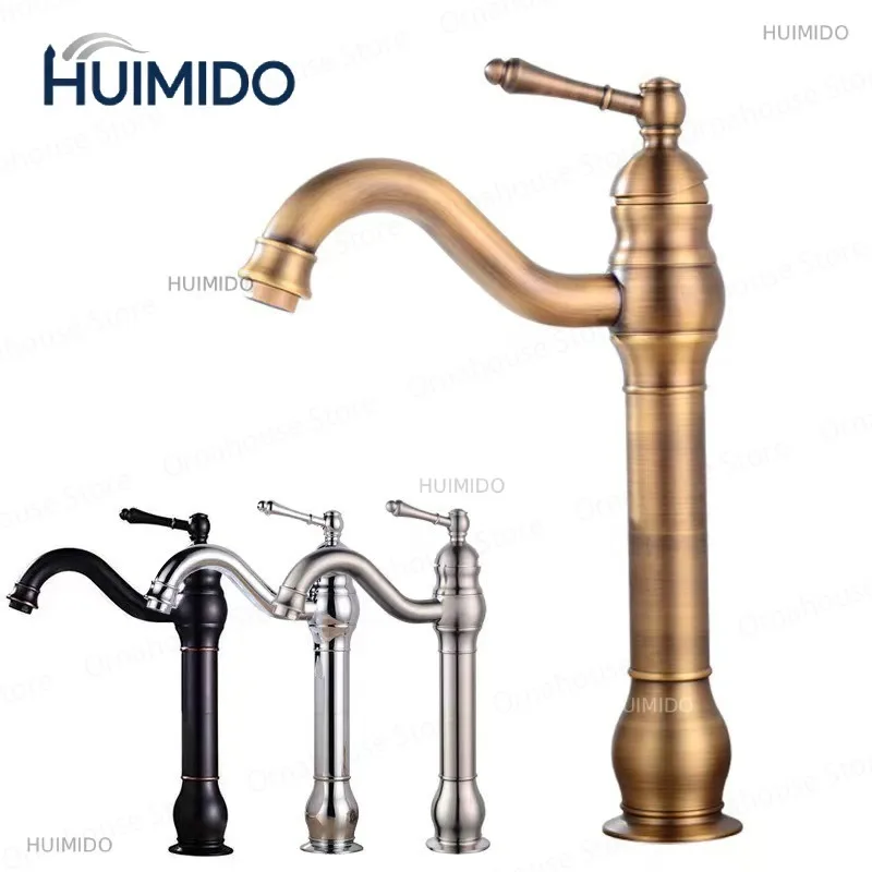 Antique Brass Basin Faucet 360 Rotation Single Handle Deck Mounted Bathroom Basin Faucet Hot Cold Mixer Tap Vessel Sink Crane
