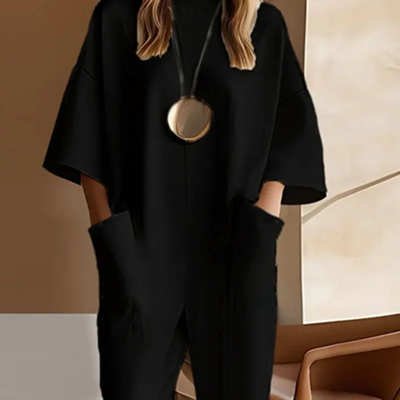 Autumn Solid Spliced Half Sleeve Women Jumpsuit Casual O Neck Pockets Romper Overalls Vintage Loose Zipper Office Lady Playsuits