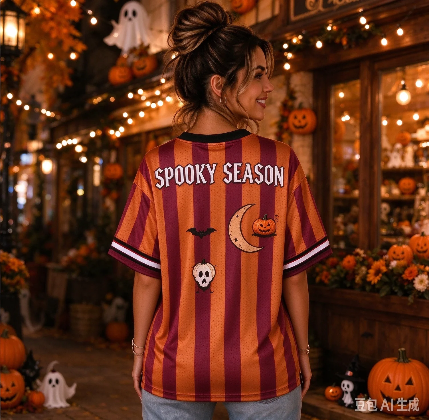 Halloween Spooky Season Ghost Pumpkin Bat Print V Neck Mesh Jersey, Women Loose Short Sleeve Football Tees