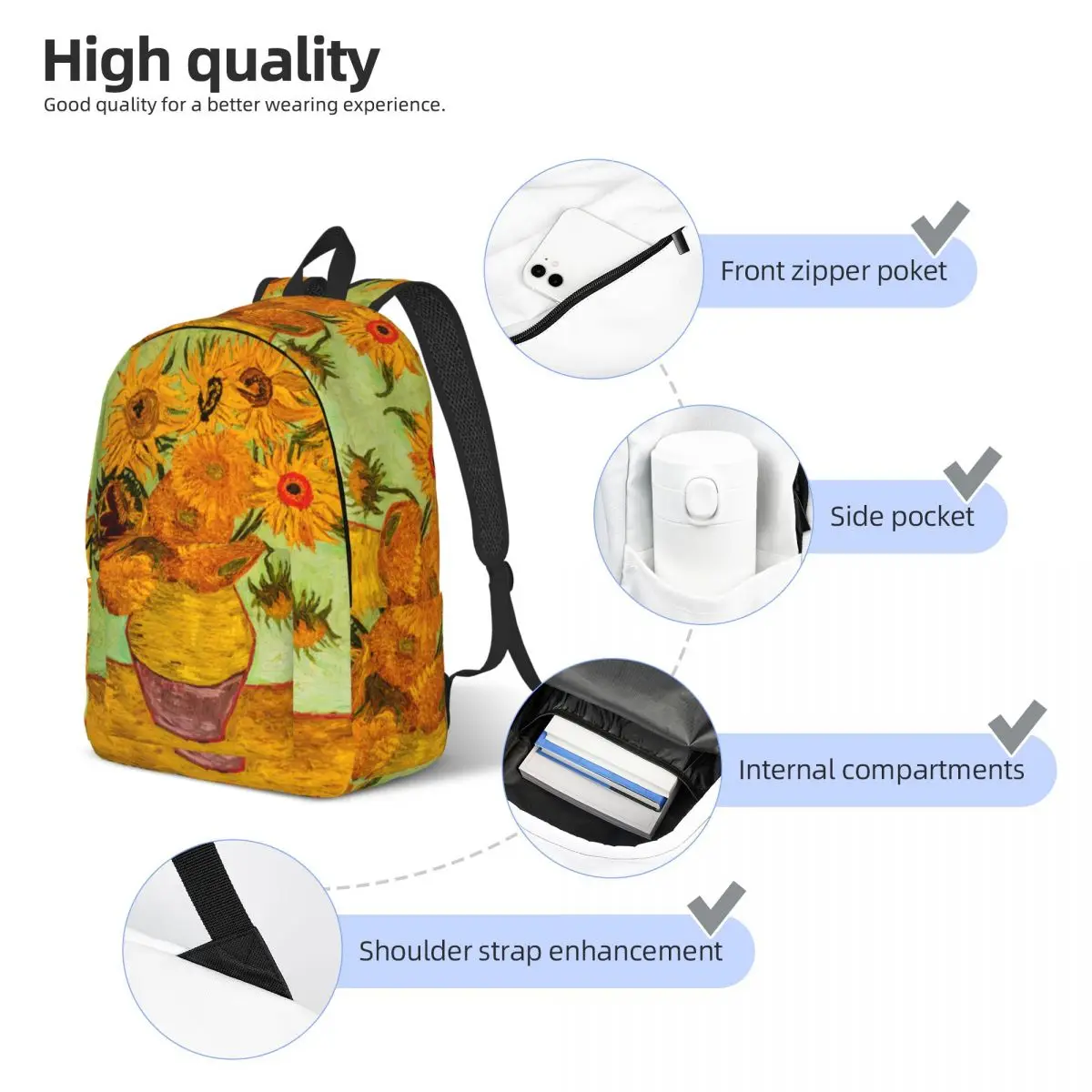 Mochila de pintura al óleo de girasoles de Van Gogh para hombres y mujeres, mochila fresca para escuela secundaria, negocios, bolsas de lona para computadora portátil, regalo