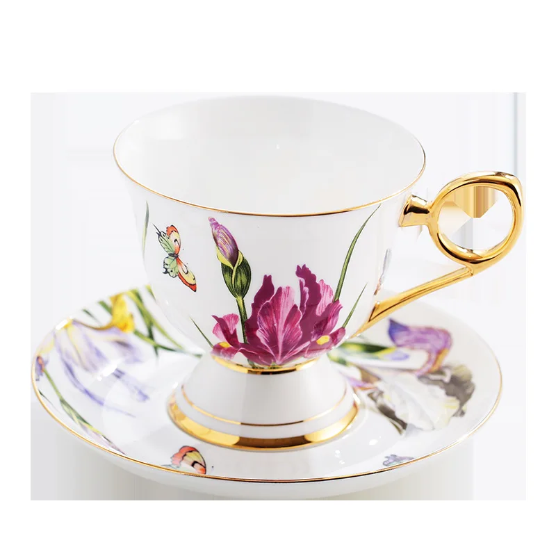 Bone porcelain coffee cups and plates, light luxury gold edged high legged black tea cups and plates