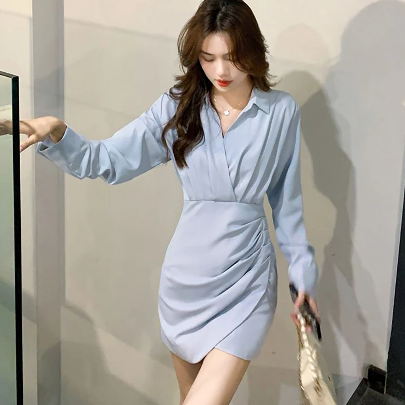 

Fashion Lapel Spliced Irregular Folds Mini Dress Women's Clothing Spring New Loose Solid Color Office Lady Shirt Dress