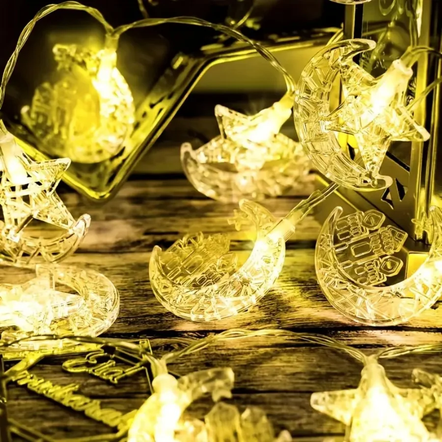 Ramadan Celebration LED String Lights - Moon, Star & Castle Designs for Eid Mubarak Decorations, Battery-Powered