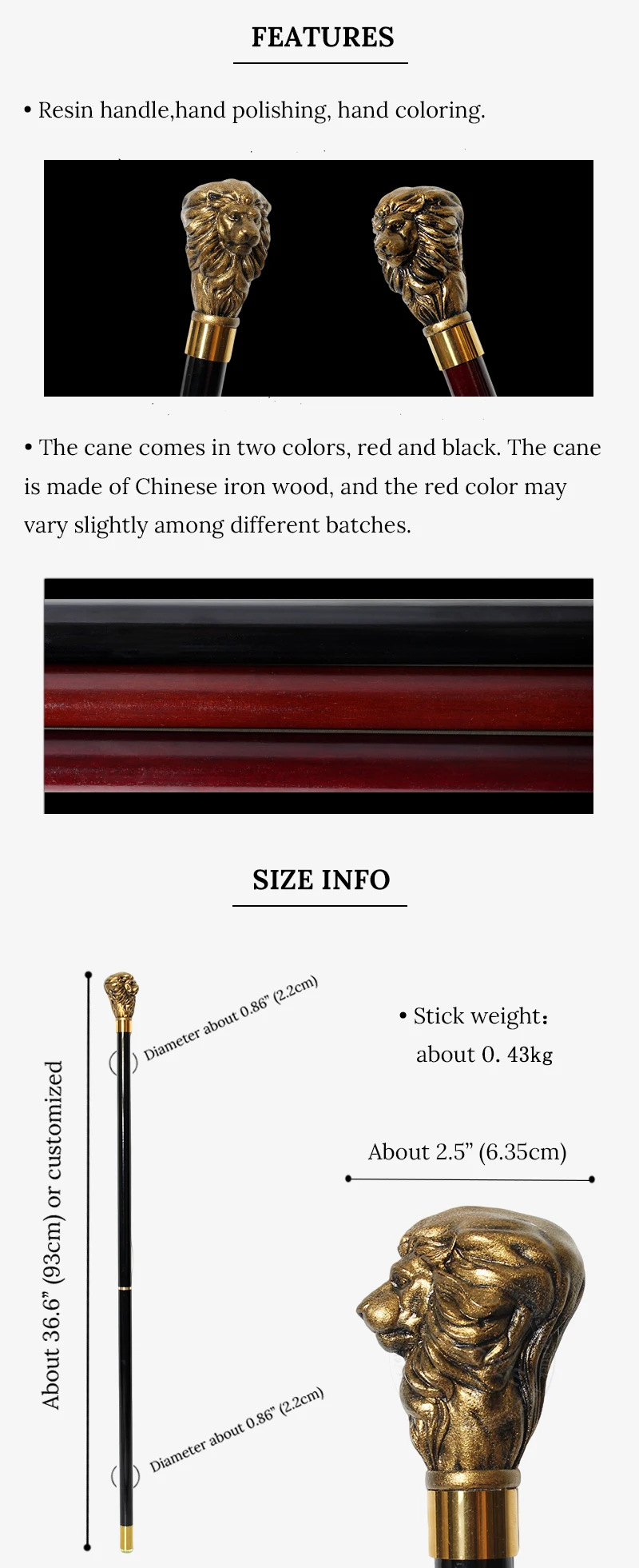 Black Gold Lion Head Handle Detachable Beech Wood Walking Cane Elegant Vintage Walking Stick Men Women Cosplay Decorative Use