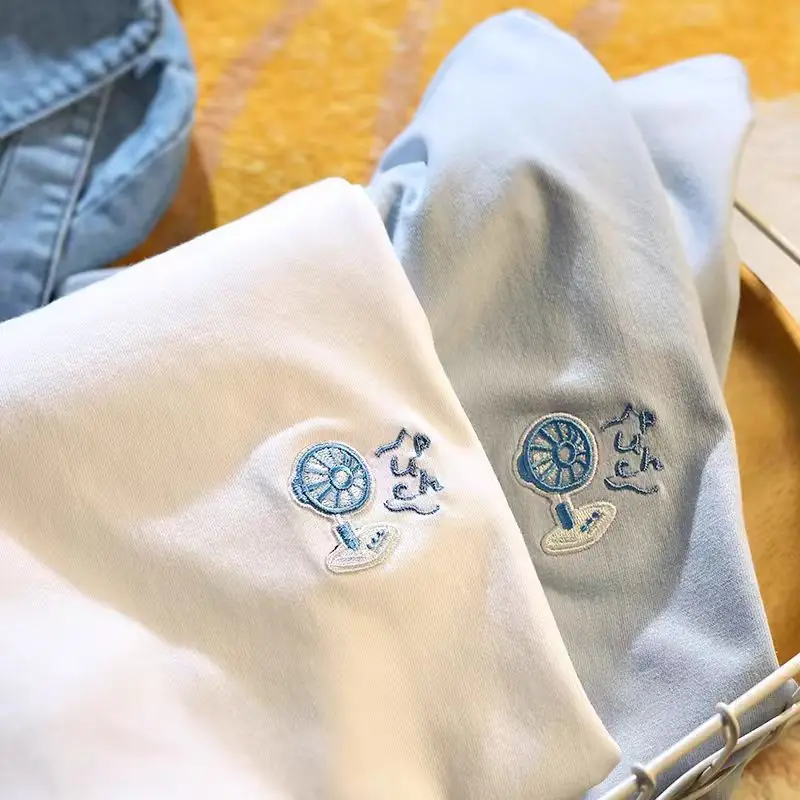 Men Women Fan Embroidery Tee Cute Summer Cotton Short Sleeve Unisex Beat the Heat Casual Top Couple Matching White T-Shirt