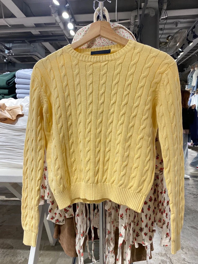 Vintage Cotton Cable Kint Sweater Women Autumn Harajuku Solid Round Neck Long Sleeve Tops Female Retro Cute Slim Sweaters Chic