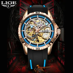 LIGE Brand Luxury Mechanical Man Watch Hollow Automatic Tourbillon Self Winding Silicone Watches Waterproof Casual Sports Clock